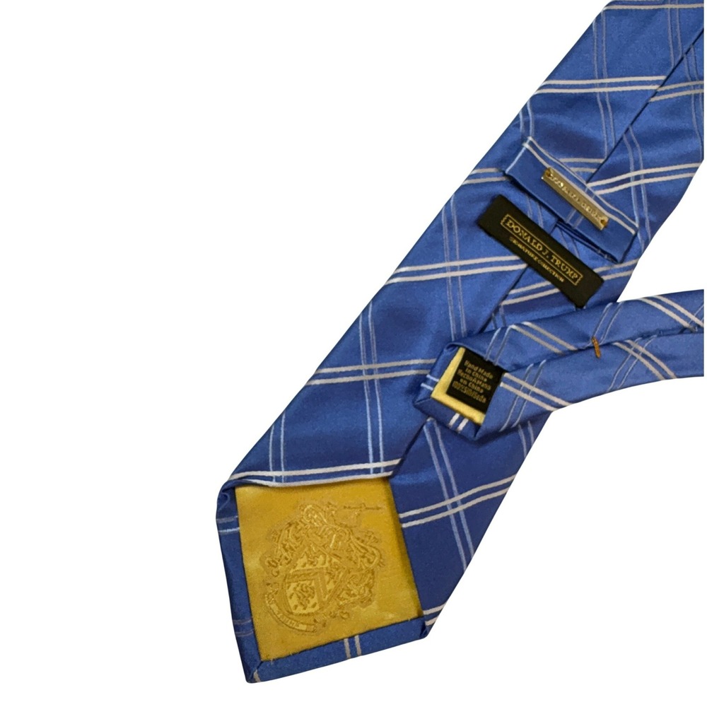 Vintage Donald J Trump Signature Collection Blue Plaid Silk‎ Tie Gold Bar Tie XL
